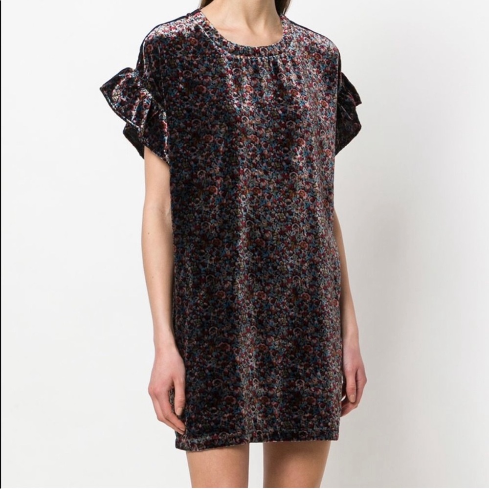 Current/Elliott Janie Velvet Floral Shift Dress Ruffled Sleeve